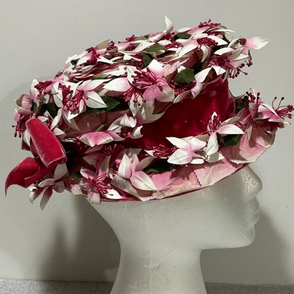 Vintage mid century ladies hat pink & white silk flowers & wide velvet hatband - Picture 6 of 9